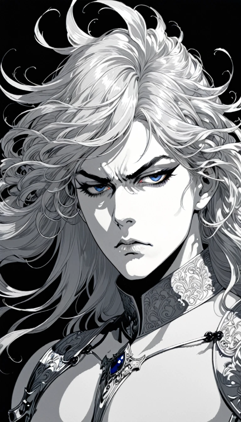 in style of Aubrey Beardsley,full body,paladin,contemptuous eyes,loose long flying hair,heroic,dynamic action,(an expression of contempt:1.3),(half-closed eyes:1.2),scowl,(heavy_breathing:1.2),Silver long hair,(aggressive:1.2),(a sense of oppression:1.1),(strong emotional expression:1.2),strong facial muscle changes,(pupillary strabismus:1.1),(adjusting hair:1.3),(from_side:1.3),(from_below:1.5),