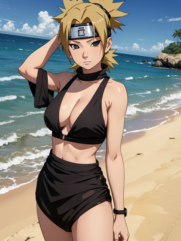 Temari in a sexy bikini on the beach, milf,big breast,thick milf,black stockings ,proper limbs ,towel tuck on best ,makeup,perfect face ,perfect eye