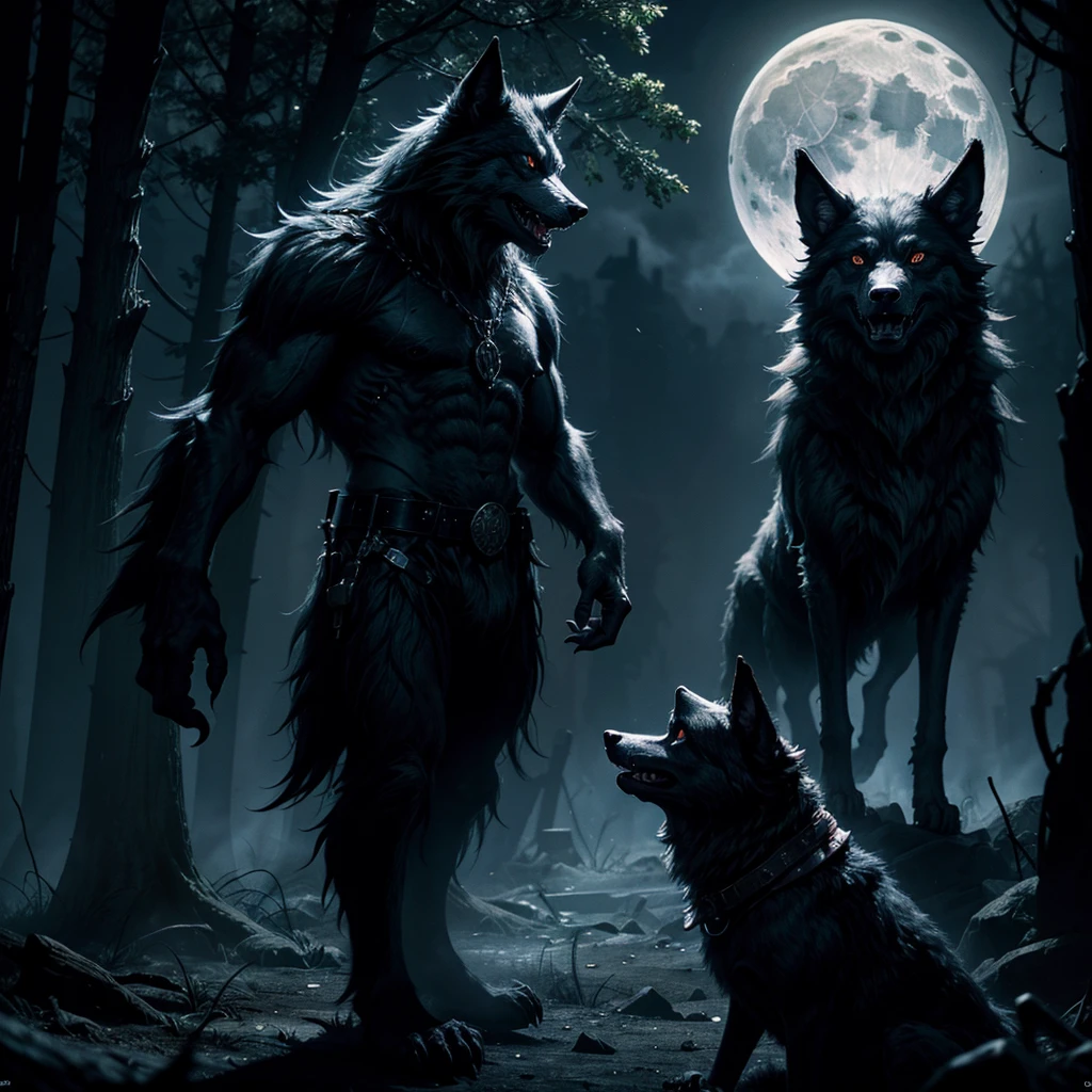 a werewolf howling at the full moon,sinister mysterious scenario,werewolf at feet of skulls,surrounded by mysterious monsters,highly detailed,hyper realistic,cinematic lighting,dark moody colors,dramatic shadows,haunting atmosphere,photorealistic,8k,masterpiece