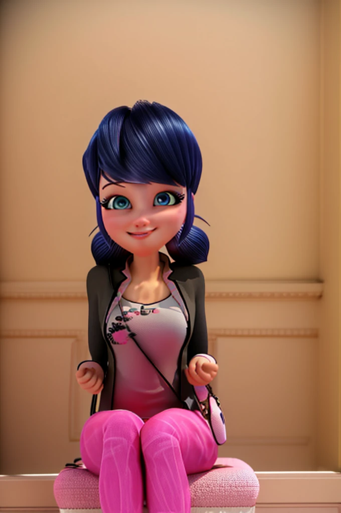 (8k, RAW photo, best quality, masterpiece:1.2), (intricate details), perfect eyes, perfect face, perfect lighting, beautiful, (masterpiece:1.2), (best quality:1.2), 1girl, solo, Marinette, blue hair, adult torso, 19 years old, smirking, big sized breasts, ( pink dress,) cowboy shot, 3DMM, seated, front view 