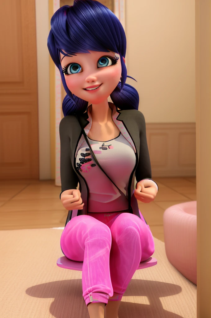 (8k, RAW photo, best quality, masterpiece:1.2), (intricate details), perfect eyes, perfect face, perfect lighting, beautiful, (masterpiece:1.2), (best quality:1.2), 1girl, solo, Marinette, blue hair, adult torso, 19 years old, smirking, big sized breasts, ( pink dress,) cowboy shot, 3DMM, seated, front view 