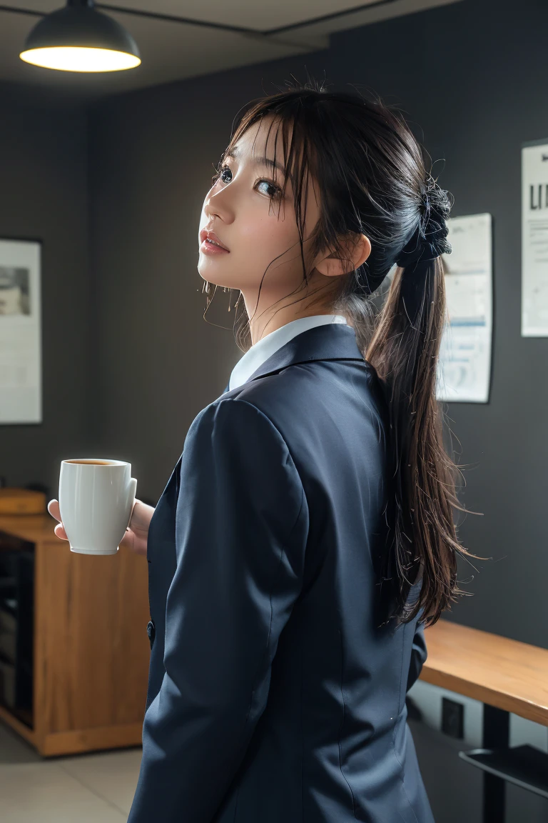 masterpiece、Highest quality、1People Women、Dark gray business suit、Walking、Look up、Medium Hair、Hair tied up at the back of the head、Going to work in the morning、Drip coffee in hand