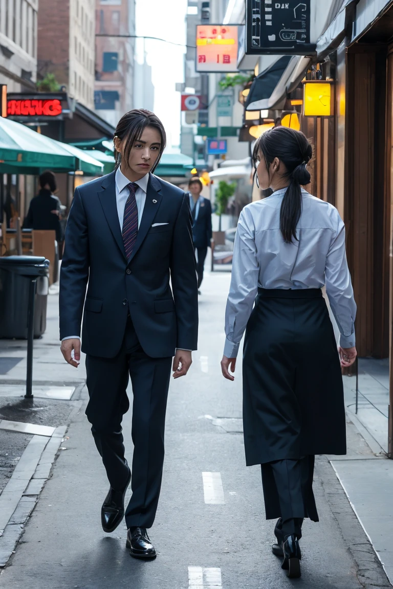 masterpiece、Highest quality、１People Women、Dark gray business suit、Walking、Look up、Medium Hair、Hair tied up at the back of the head、Going to work in the morning、Drip coffee in hand