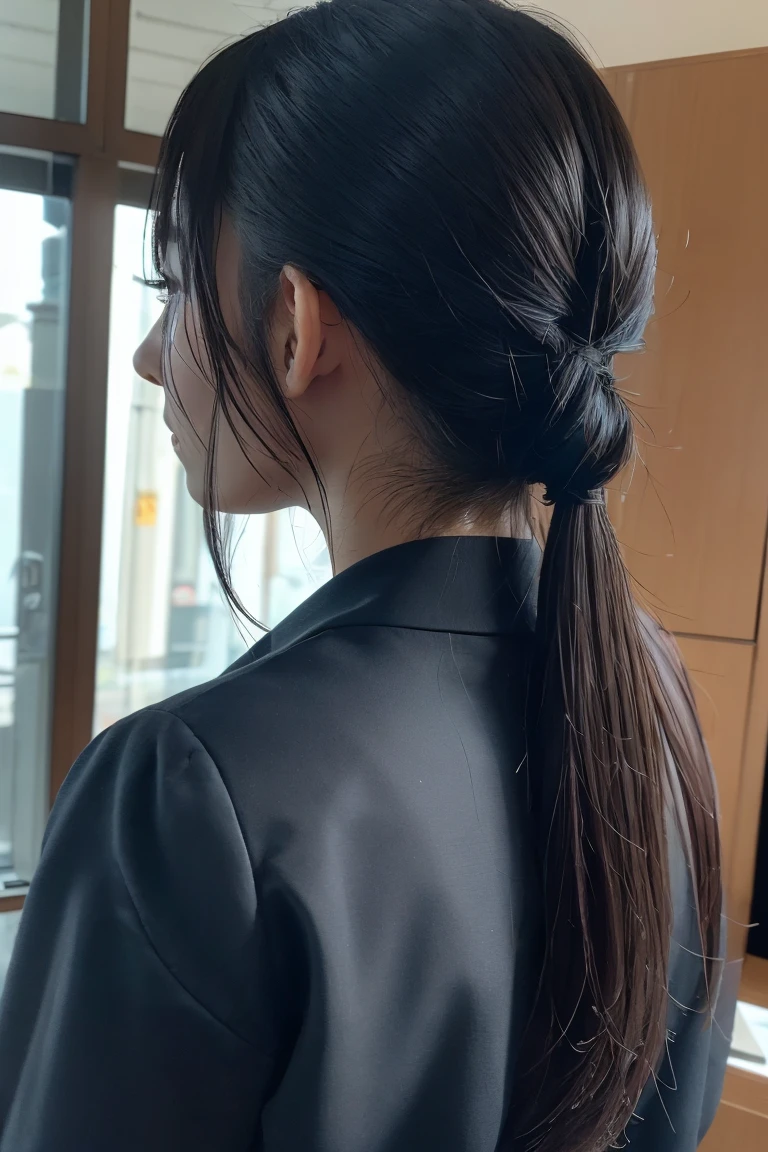 masterpiece、Highest quality、1People Women、Dark gray business suit、Walking、Look up、Medium Hair、Hair tied up at the back of the head、Going to work in the morning、Drip coffee in hand