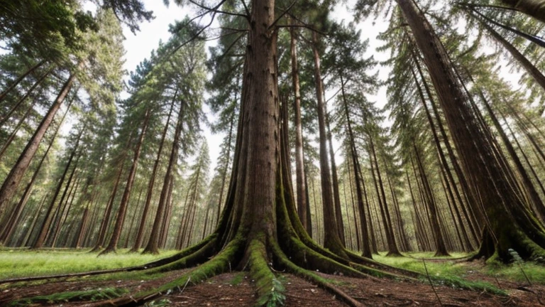 There is a view of very tall trees. Small plants are growing under the big trees on ground