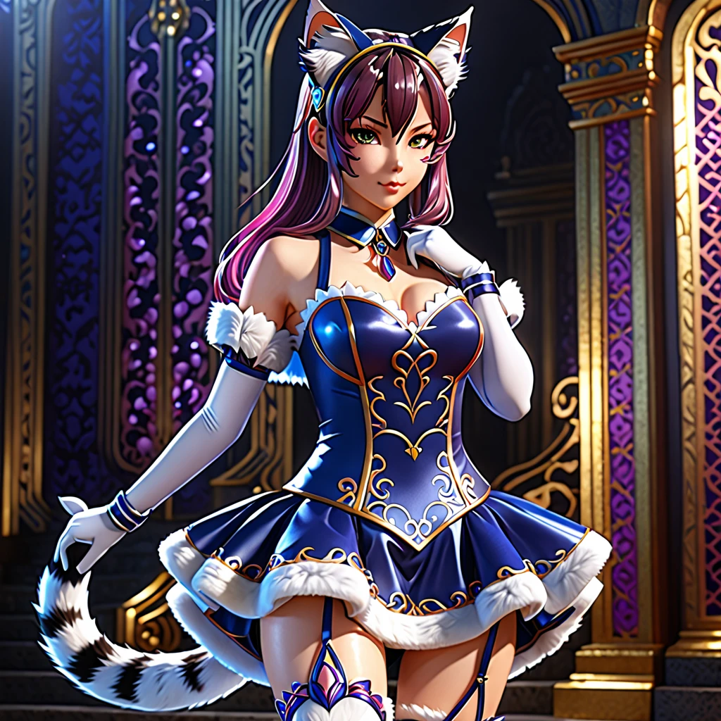 A highly detailed 3D anime figure of a beautiful cat girl, elegant and graceful pose, delicate facial features, intricate cat ears and tail, glossy fur texture, ornate outfit, dynamic lighting, photorealistic, cinematic lighting, dramatic shadows, vibrant colors, (best quality,4k,8k,highres,masterpiece:1.2),ultra-detailed,(realistic,photorealistic,photo-realistic:1.37)
