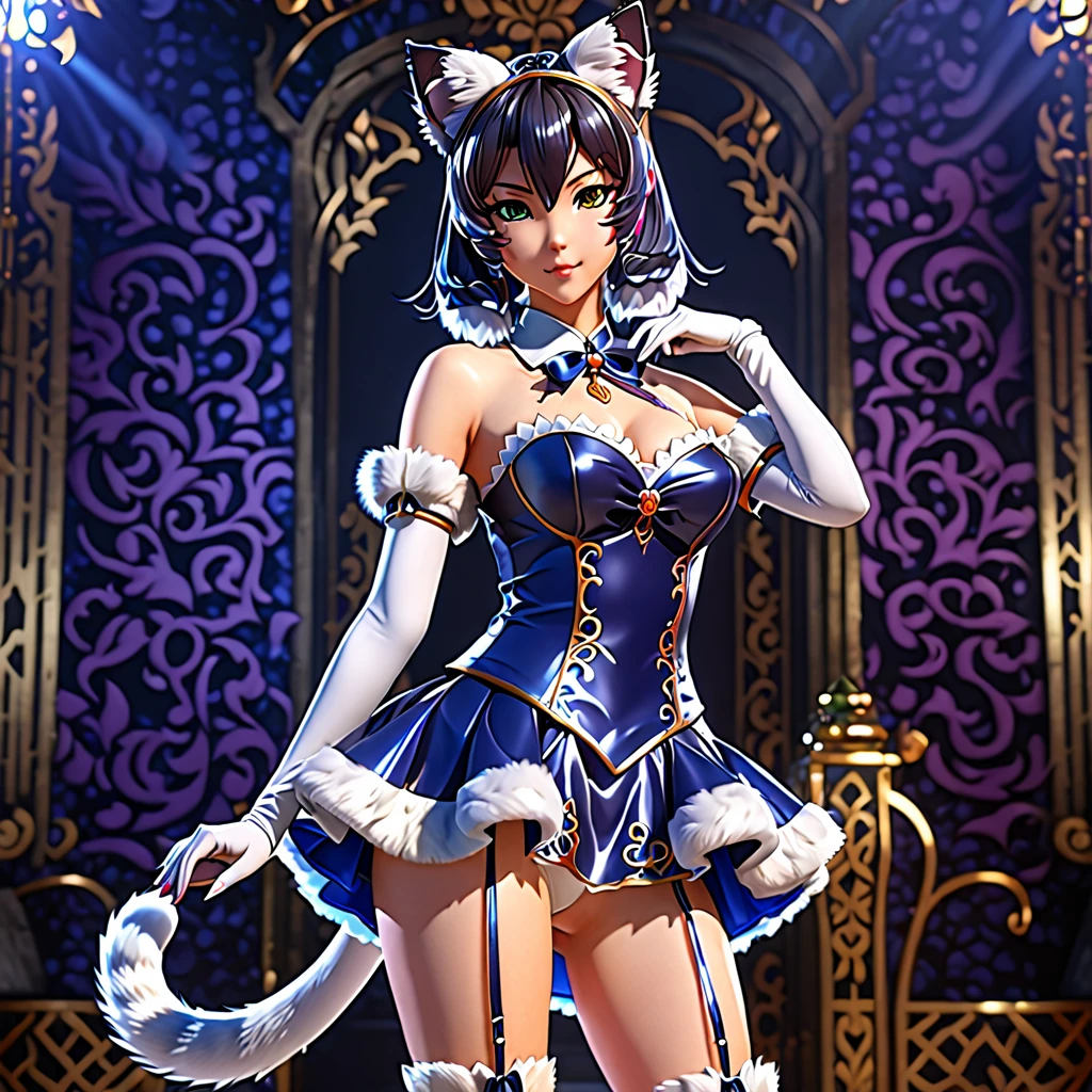 A highly detailed 3D anime figure of a beautiful cat girl, elegant and graceful pose, delicate facial features, intricate cat ears and tail, glossy fur texture, ornate outfit, dynamic lighting, photorealistic, cinematic lighting, dramatic shadows, vibrant colors, (best quality,4k,8k,highres,masterpiece:1.2),ultra-detailed,(realistic,photorealistic,photo-realistic:1.37)