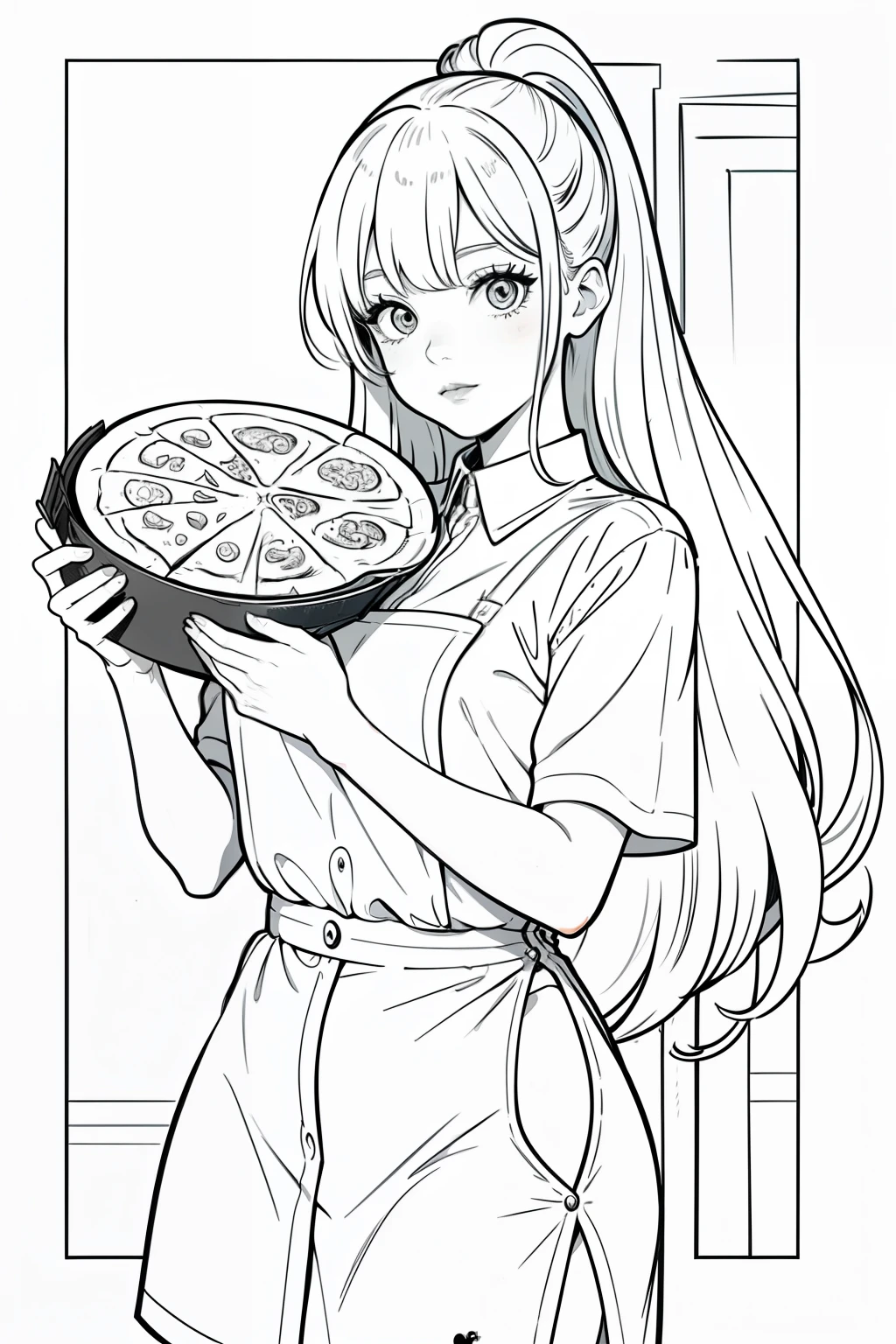 Create a Lineart of an russian girl carrying pizza, for coloring book for , vector illustration, without inside shading or colors, no black or dark shading anywhere, black and white, crisp dark thick line art. Decorate the rest of the area around with mystic designs