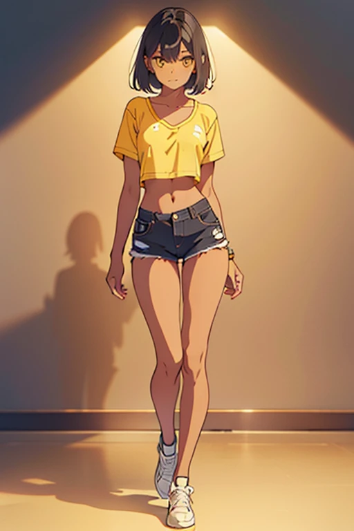masterpiece, best quality, dark skin, short hair, yellow eyes, black hair, beautiful girl, thin, full body, casual male clothes, plan boobs, short , small , short chest, big butt, wide thigh, ahopping background