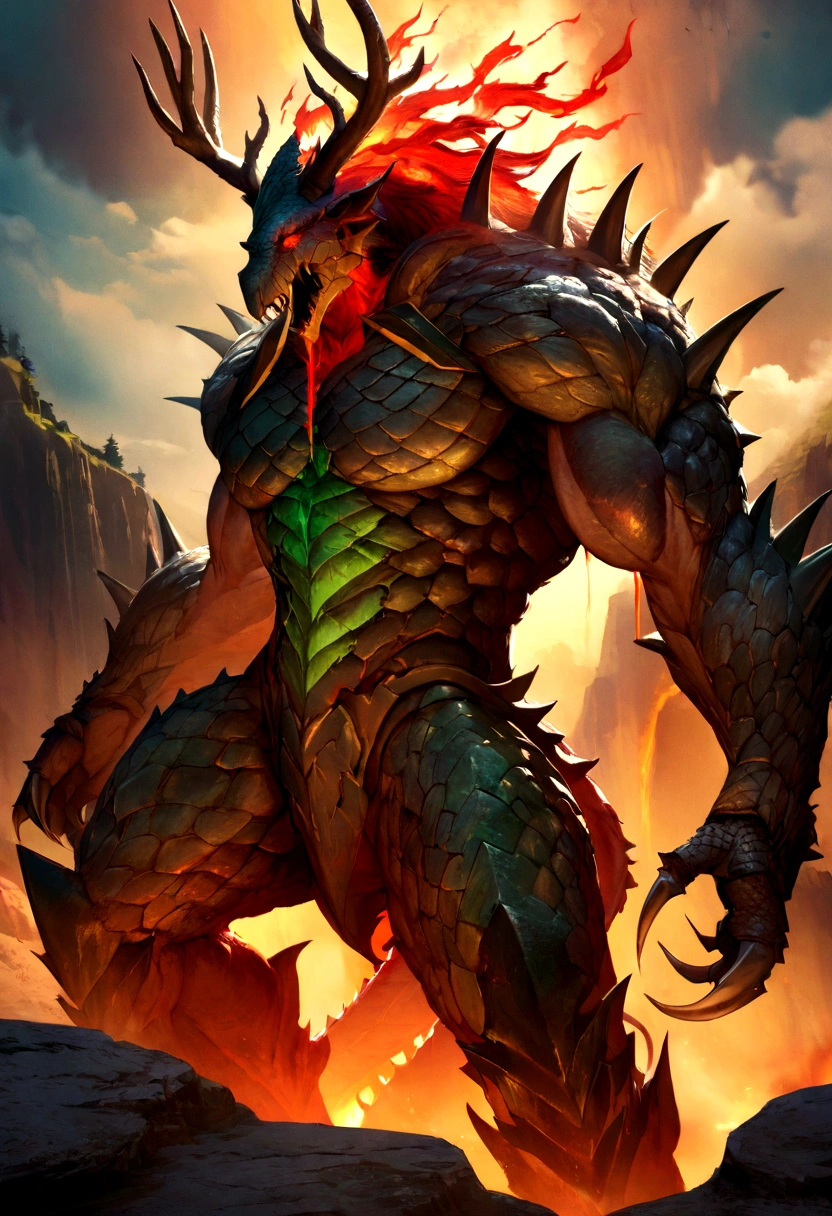 A hyperrealistic digital concept art visual of a formidable dragon warrior hunter, humanoid body with green-cyan scale skin glinting in the fiery light, muscular limbs ending in vicious claws ready to attack, an elongated spiked dragon head with glowing blood-red eyes conveying a deadly intensity, two branching deer antlers atop its head, posed against a stark cliffside, every individual scale textured and detailed, creating an intimidating RPG character design with a menacing expression.