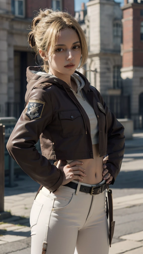 (bestquality,masterpiece), AnnieAOT, solo, hood, hoodie, paradis_military_uniform, jacket, uniform, tight clothes, emblem, feathers, upper body, thigh, hands on hip, emblem, belt, thigh strap, pants, white pants, standing, idle, looking at viewer