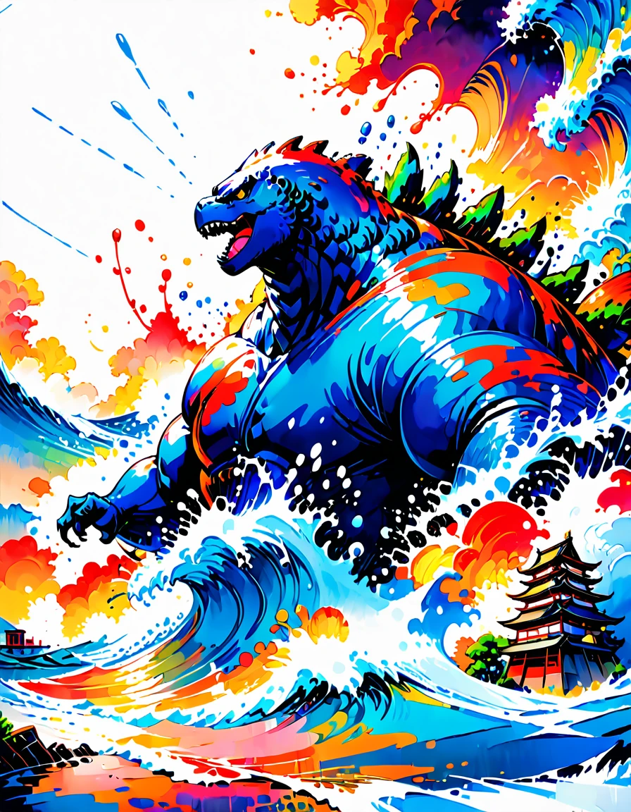 vintage anime ,(((Splash Art))), (((white background))),, intricately detailed t-shirt design ready for print , 2d, illustration of Tokyo city crumbling buildings at sunset in the background. ONE huge Black muscular Godzilla in the foreground , Japanese ocean waves, intricate rich extremely complex ornaments illustration, high detail, clean lines style, intricate high details,(((white background)))