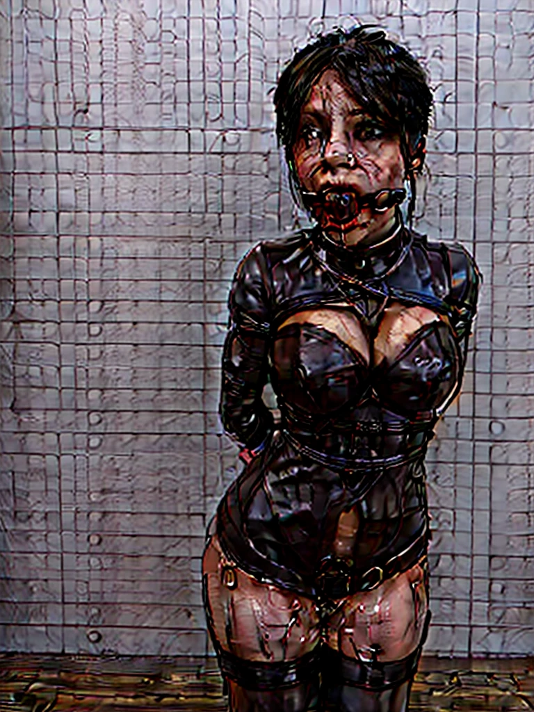 arms behind head, long_hair, looking_at_viewer, thighhighs, bow, bound, bdsm, bondage, rope, restrained, gag, shibari, bound_arms, ball_gag, shibari_over_clothes (Camila Cabello, bdsm, bondage, drool dripping, drool dangling,) cleavage, 8k, drool all over chest, drooling, realistic, dripping wet, medium breasts, drool all over face, corset, perfect body, smooth skin, pleading eyes, lots of drool, sweating, saliva on face, exact likeness,