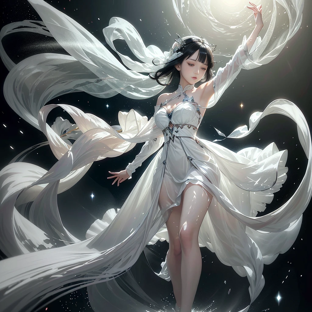 (masterpiece, top quality, the best, official art, Beautiful and beautiful, long term exposure: 1.2), Smooth movement, Charming Pattern, 1 girl, (long-sleeved dress: 1.3), (((White clothes) )), Upper Body close-up, Bare shoulders, Chinese Girl, blush, black lob hair, portrait, Solitary, Upper Body, looking at the observer, Detailed background, Delicate face, (crystallized aluminum, crystal theme:1.1), Elemental Sylph, rotating wind, control wind, White crystal clothes, Dynamic poses, floating particles, ethereal dynamics, whirlwind, steam, whirlwind in the background, White tones, whirlwind, Ethereal atmosphere, black hair