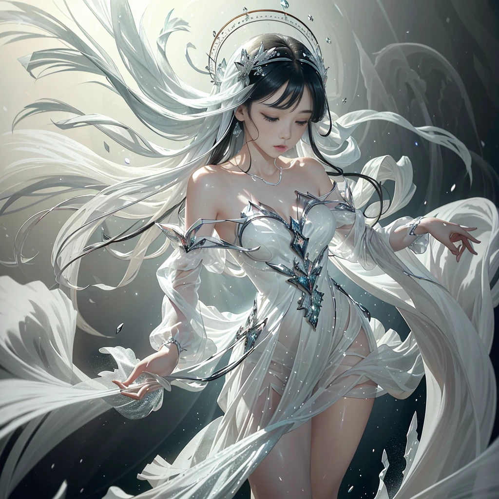 (masterpiece, top quality, the best, official art, Beautiful and beautiful, long term exposure: 1.2), Smooth movement, Charming Pattern, 1 girl, (long-sleeved dress: 1.3), (((White clothes) )), Upper Body close-up, Bare shoulders, Chinese Girl, blush, black lob hair, portrait, Solitary, Upper Body, looking at the observer, Detailed background, Delicate face, (crystallized aluminum, crystal theme:1.1), Elemental Sylph, rotating wind, control wind, White crystal clothes, Dynamic poses, floating particles, ethereal dynamics, whirlwind, steam, whirlwind in the background, White tones, whirlwind, Ethereal atmosphere, black hair