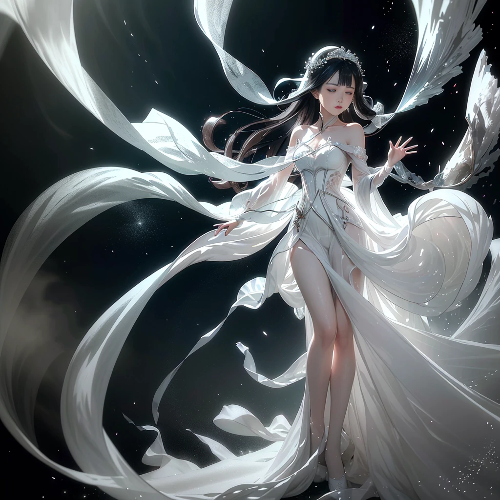 (masterpiece, top quality, the best, official art, Beautiful and beautiful, long term exposure: 1.2), Smooth movement, Charming Pattern, 1 girl, (long-sleeved dress: 1.3), (((White clothes) )), Upper Body close-up, Bare shoulders, Chinese Girl, blush, black lob hair, portrait, Solitary, Upper Body, looking at the observer, Detailed background, Delicate face, (crystallized aluminum, crystal theme:1.1), Elemental Sylph, rotating wind, control wind, White crystal clothes, Dynamic poses, floating particles, ethereal dynamics, whirlwind, steam, whirlwind in the background, White tones, whirlwind, Ethereal atmosphere, black hair