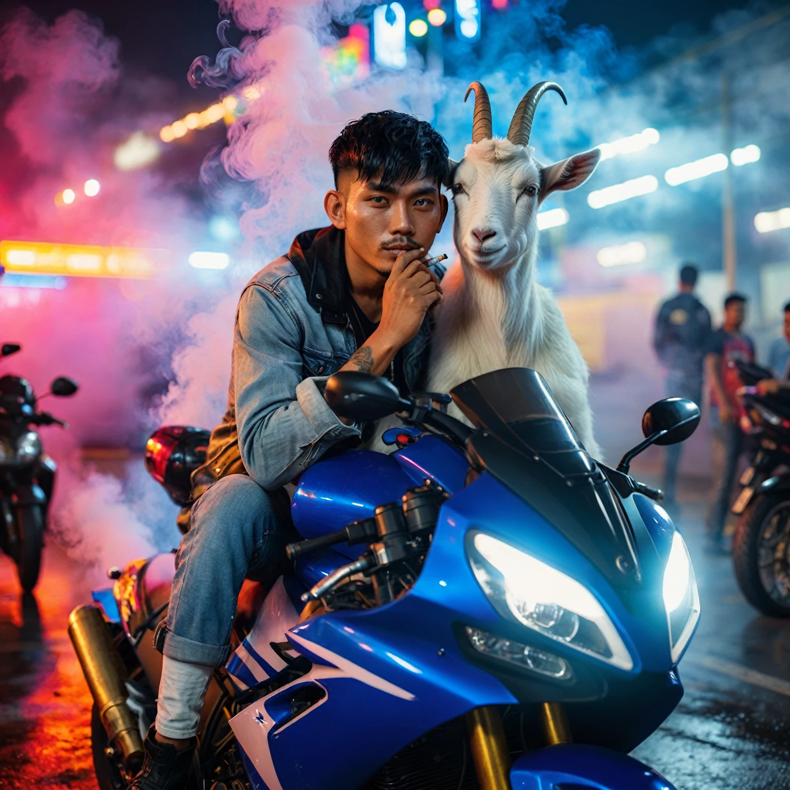 An Indonesian man with short black blonde hairstyle sitting on the blue modification motorsport with the white fat goat hug him, at the parking area, while smoking, gaze at the camera, night scene, colorful neon fog smoke effect, fullshot, long shot, fullbody shot, bokeh background, bokeh effect on the foreground, stylish, sporty, biker, sitting on a motorcycle, profile picture 1536px, unreal engine 5, photorealistic, high quality