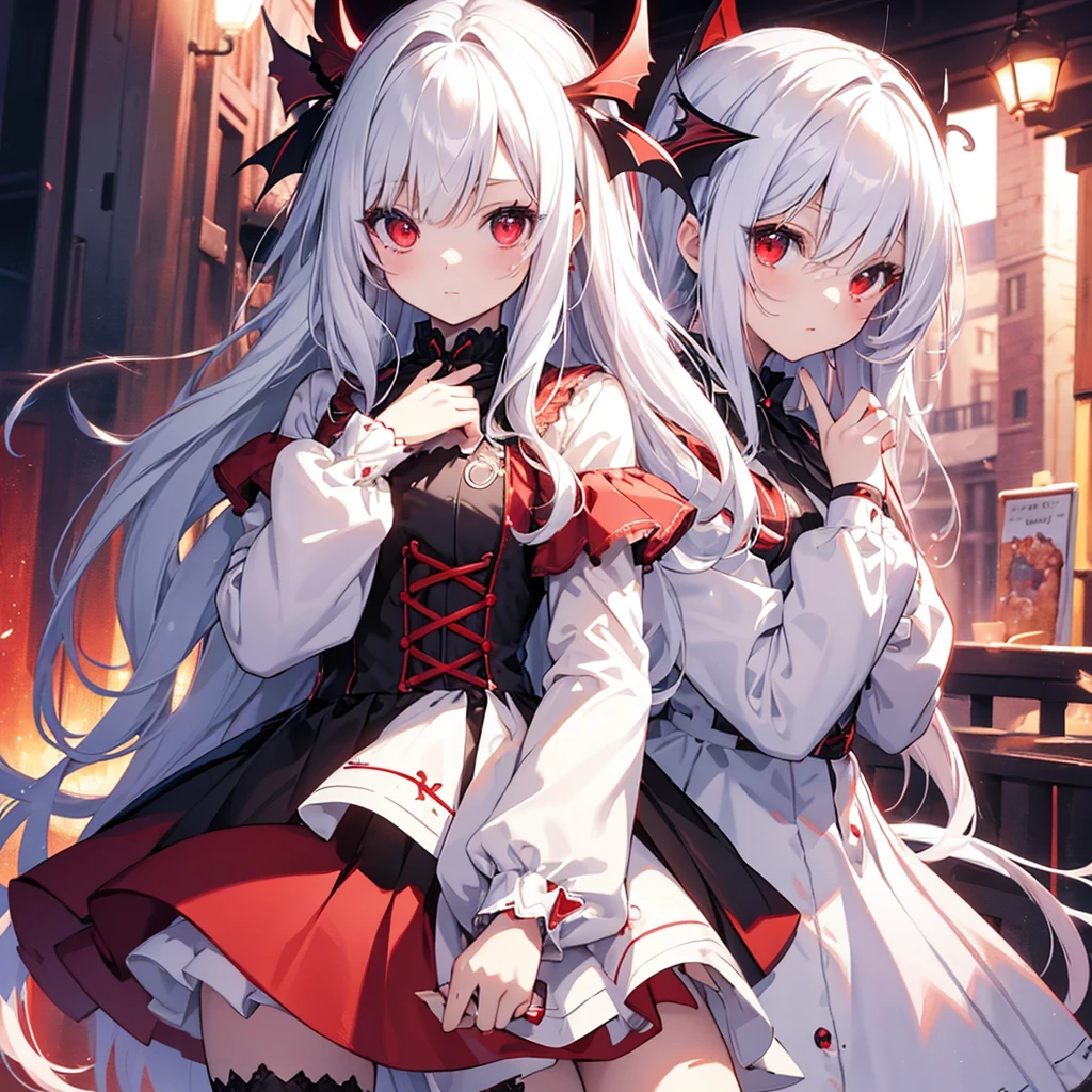 beautiful illustration, best quality, cute petit girl, (transform sequence), transform vampire girl, chibi, black and red magical girl, fractal art, vampire, babyface, long pure white and white mesh hair, beautiful detailed red eyes, cinematic lighting, cowboy shot, looking at viewer, from bottom, happy