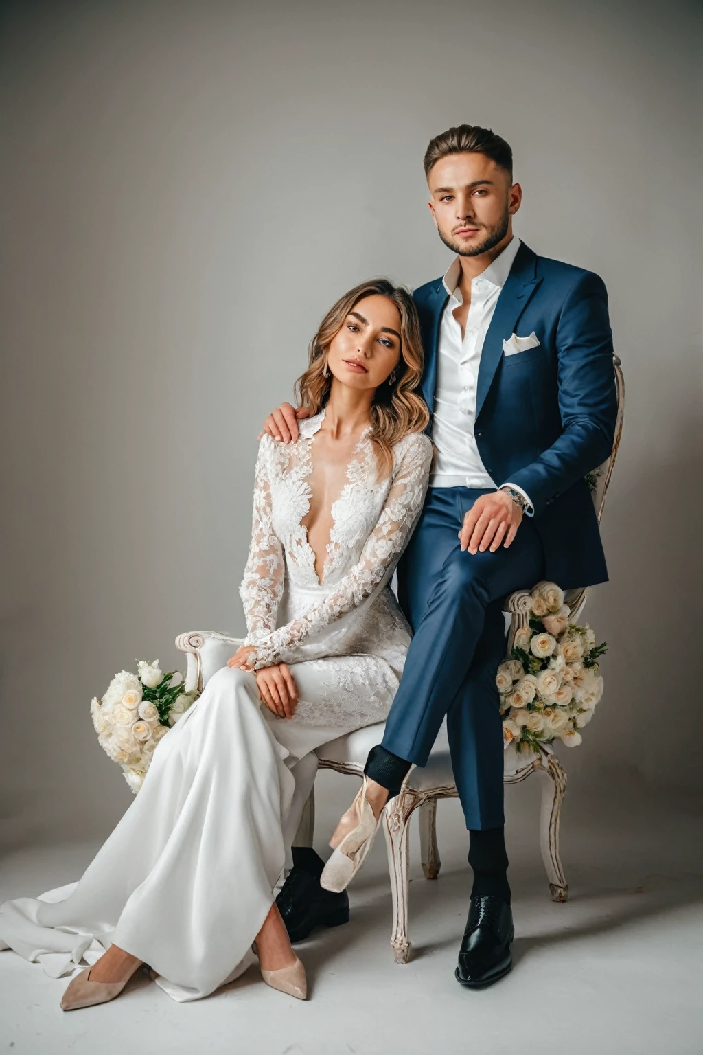 man and woman in white sitting on a chair , a luxury white room in studio full of flowers