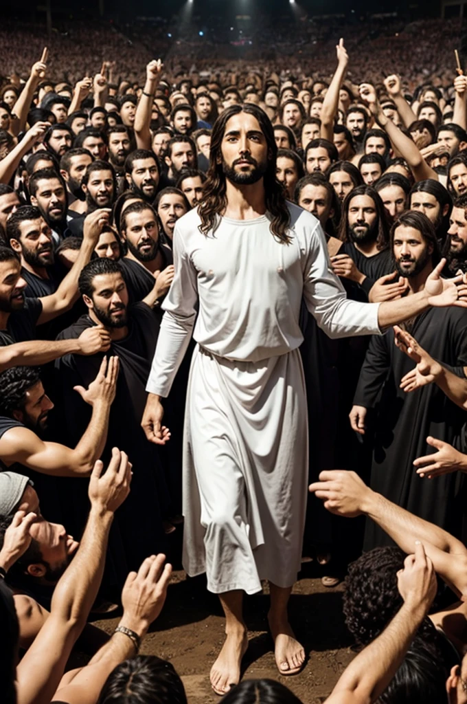 Jesus with his 12 Apostle with thousands of people gethering 