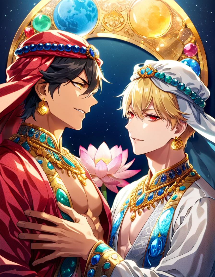 (absurdres, highres, ultra detailed, HDR) master piece, best quality, perfect face, delicated features, Gilgamesh, blonde messy hair, expressive red eyes, fate grand order, Ozymandias, black hair, expressive yellow eyes, two sexy men together, gay couple, yaoi, handsome, toned chest, red haori, white kimono with accessories, patterns, golden earrings, arabian, pink lotus, water, magical blue moon