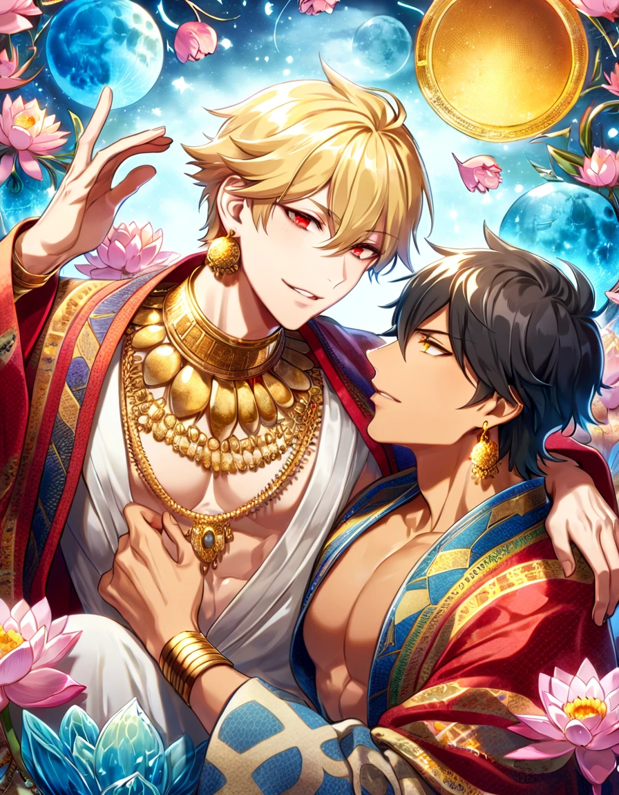 (absurdres, highres, ultra detailed, HDR) master piece, best quality, perfect face, delicated features, Gilgamesh, blonde messy hair, expressive red eyes, fate grand order, Ozymandias, black hair, expressive yellow eyes, two sexy men together, gay couple, yaoi, handsome, toned chest, red haori, white kimono with accessories, patterns, golden earrings, arabian, pink lotus, water, magical blue moon