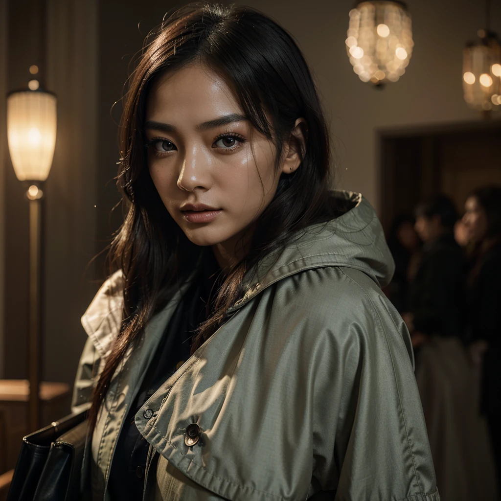 beautiful chinese girl, wearing cryptic trench, carrying bag on shoulder, beautiful detailed eyes, beautiful detailed lips, extremely detailed eyes and face, long eyelashes, 1girl, cinematic lighting, dramatic lighting, highly detailed, photorealistic, 8k, 4k, ultra-detailed, masterpiece, (best quality:1.2), (realistic:1.37), intricate details, vibrant colors, warm color palette, soft focus, ethereal atmosphere