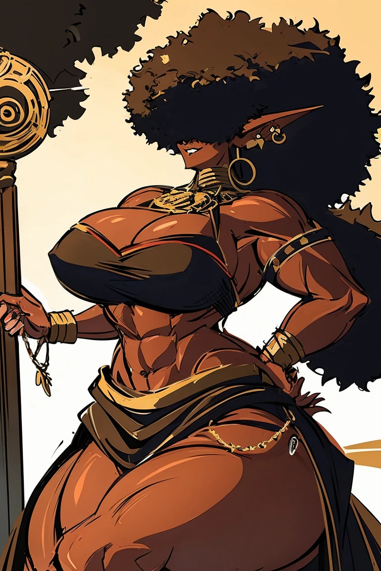 (masterpiece, best quality:1.2),1 girl, voluptuous body, full body, masterpiece, dominant pose, good anatomy, no extra limbs, big ass, thick thighs, black hair, voluminous afro, pointy ears, gold earrings, black top with red details, black skirt with red details, gold necklaces no eyes hair covering eyes