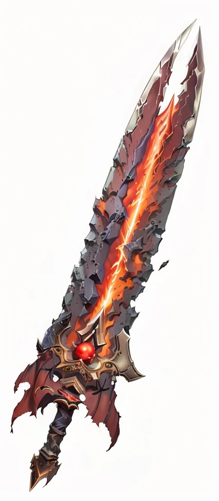 large two-handed sword made mostly of a dark substance that resembles solidified lava, with claws running up its length, talons for a handguard, eye at the base of the hilt, and a red jewel on its pommel. The blade splits open in the middle, revealing glowing red energy
