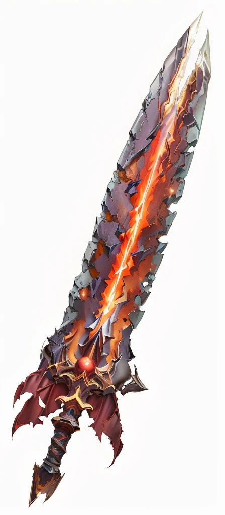 large two-handed sword made mostly of a dark substance that resembles solidified lava, with claws running up its length, talons for a handguard, eye at the base of the hilt, and a red jewel on its pommel. The blade splits open in the middle, revealing glowing red energy