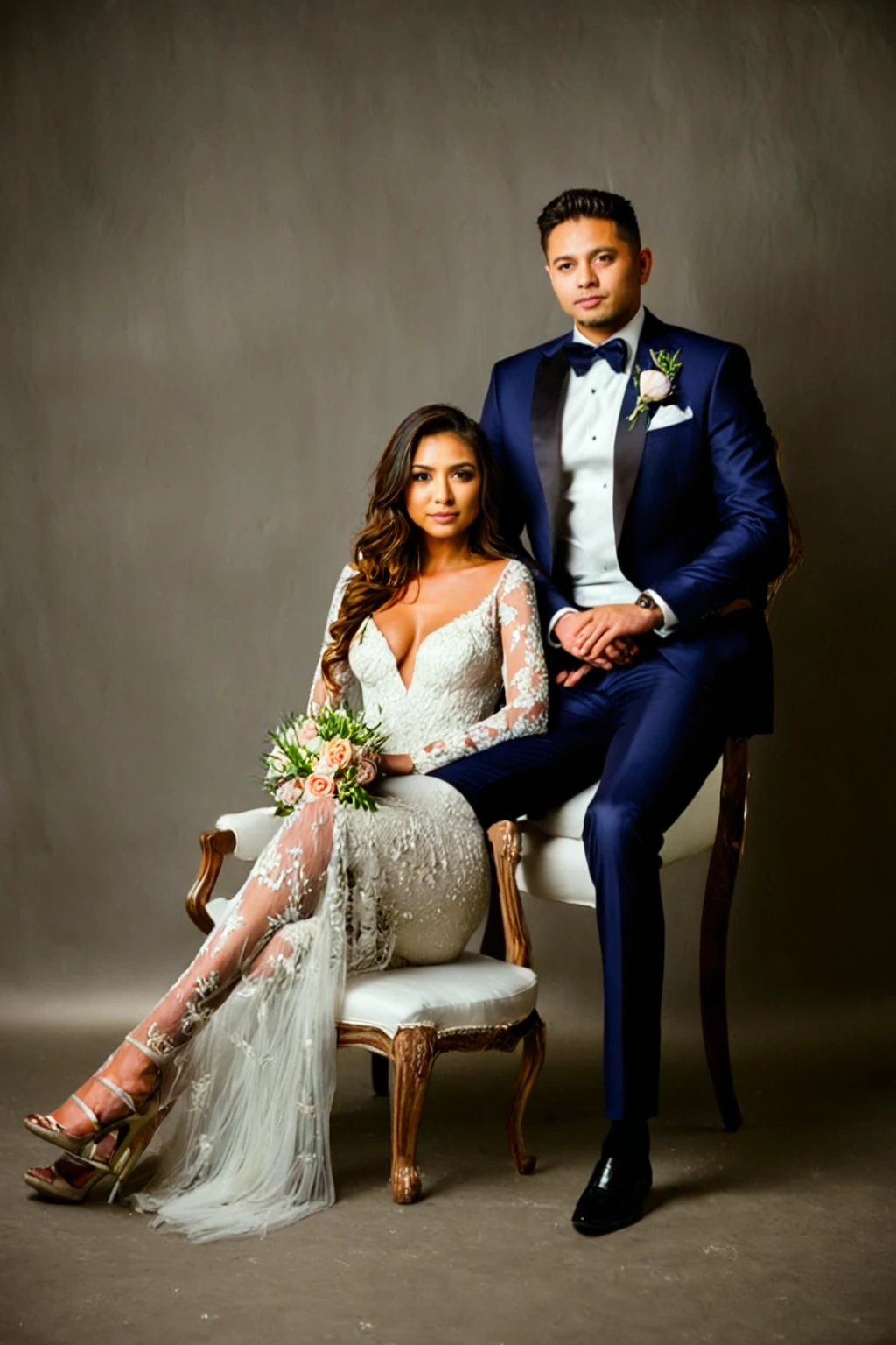 man and woman in white sitting on a chair , a luxury white room in studio , wedding photo, couple portrait, couples portrait, full body photoshoot, couple pose, very luxurious backdrop in photo studio , garden flower backdrop