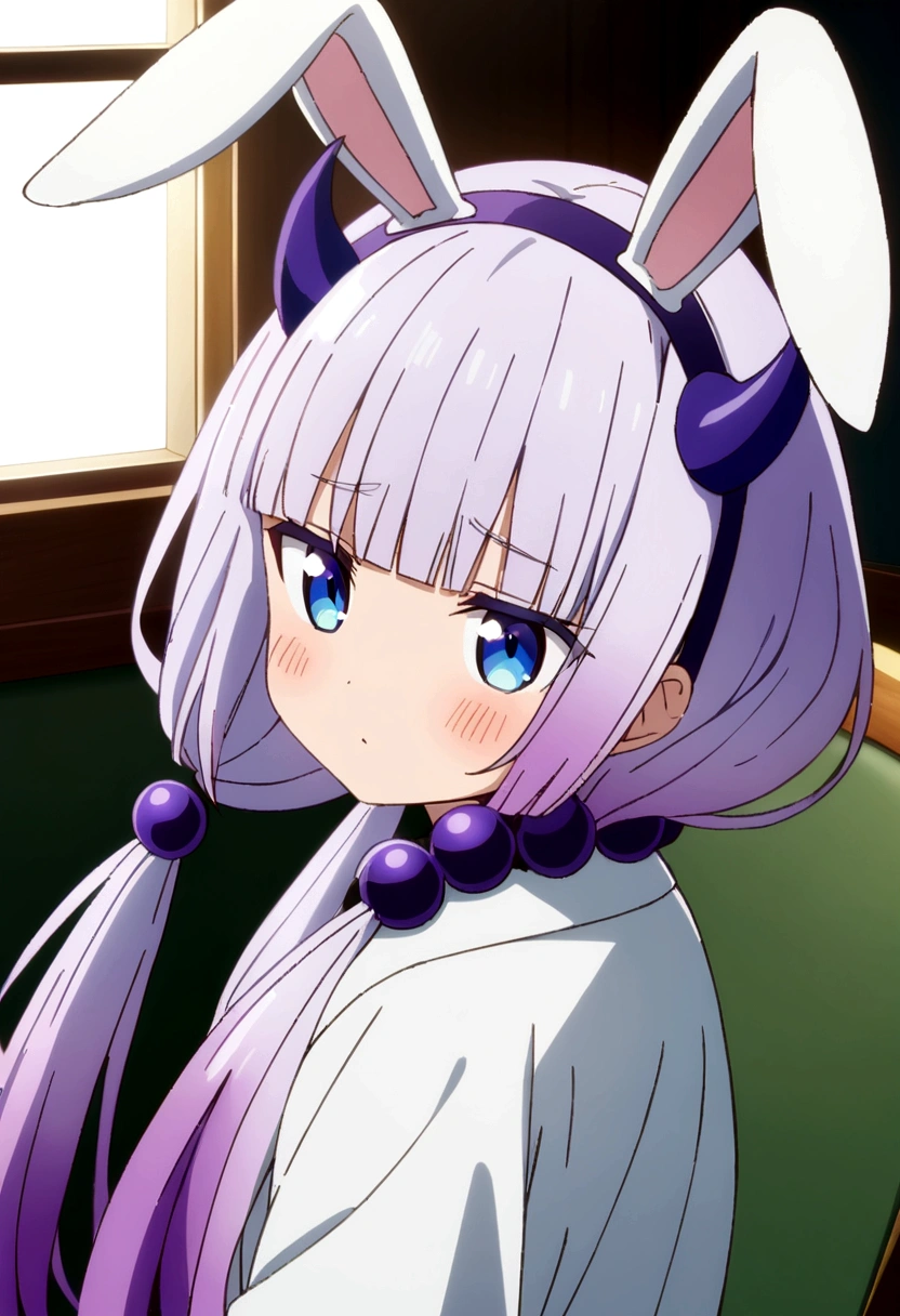 best quality, masterpiece, highres, solo, {kanna_kamui_kobayashisanchinomaidragon:1.15}, long_hair, light_purple_hair, blue_eyes, hair_ornament, bangs, blush, multicolored_hair, twintails, blunt_bangs, hair_beads, beads, hairband, gradient_hair, low_twintails, horns, dragon_horns, purple_hair, 1girl, anime_coloring, bow, animal_ears, rabbit_ears