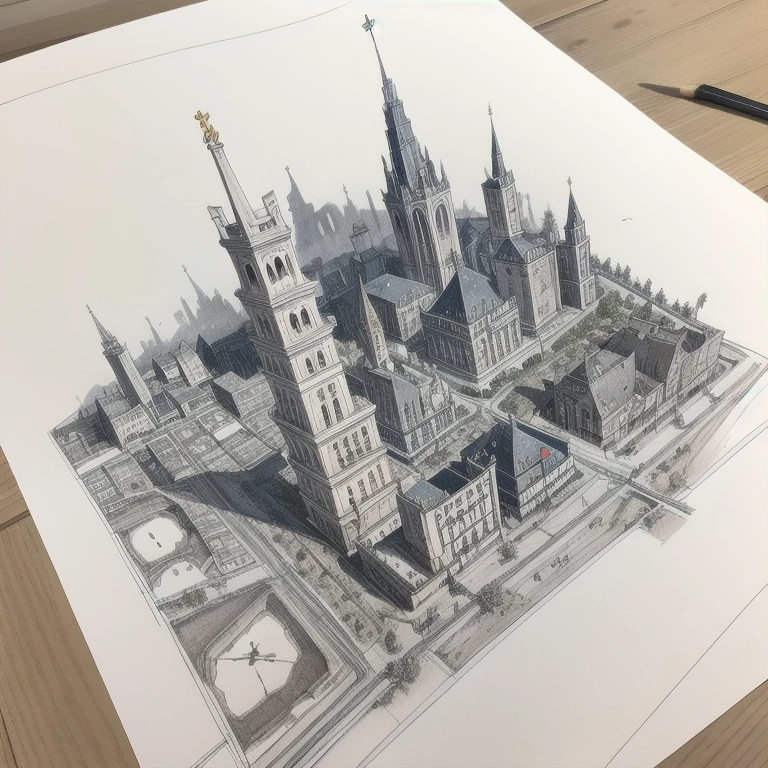 Ink drawing for a city map, angle 3/4, volumetric buildings, medieval settlement