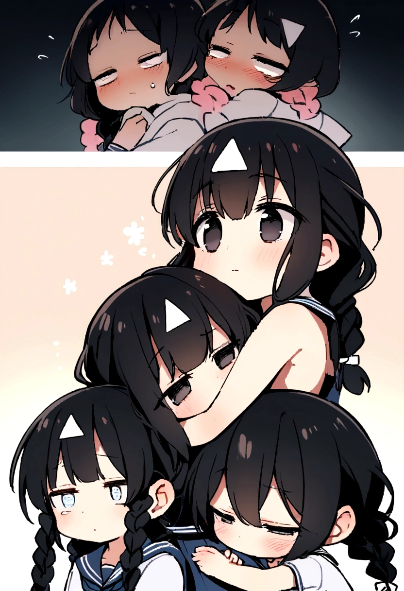 Long black hair, two braids, sailor suit, jittery eyes, , short, cute, , half eyes, jittery eyes, white triangle on head, black eyes, holding a knife, expressionless,Half eyes, hugs.