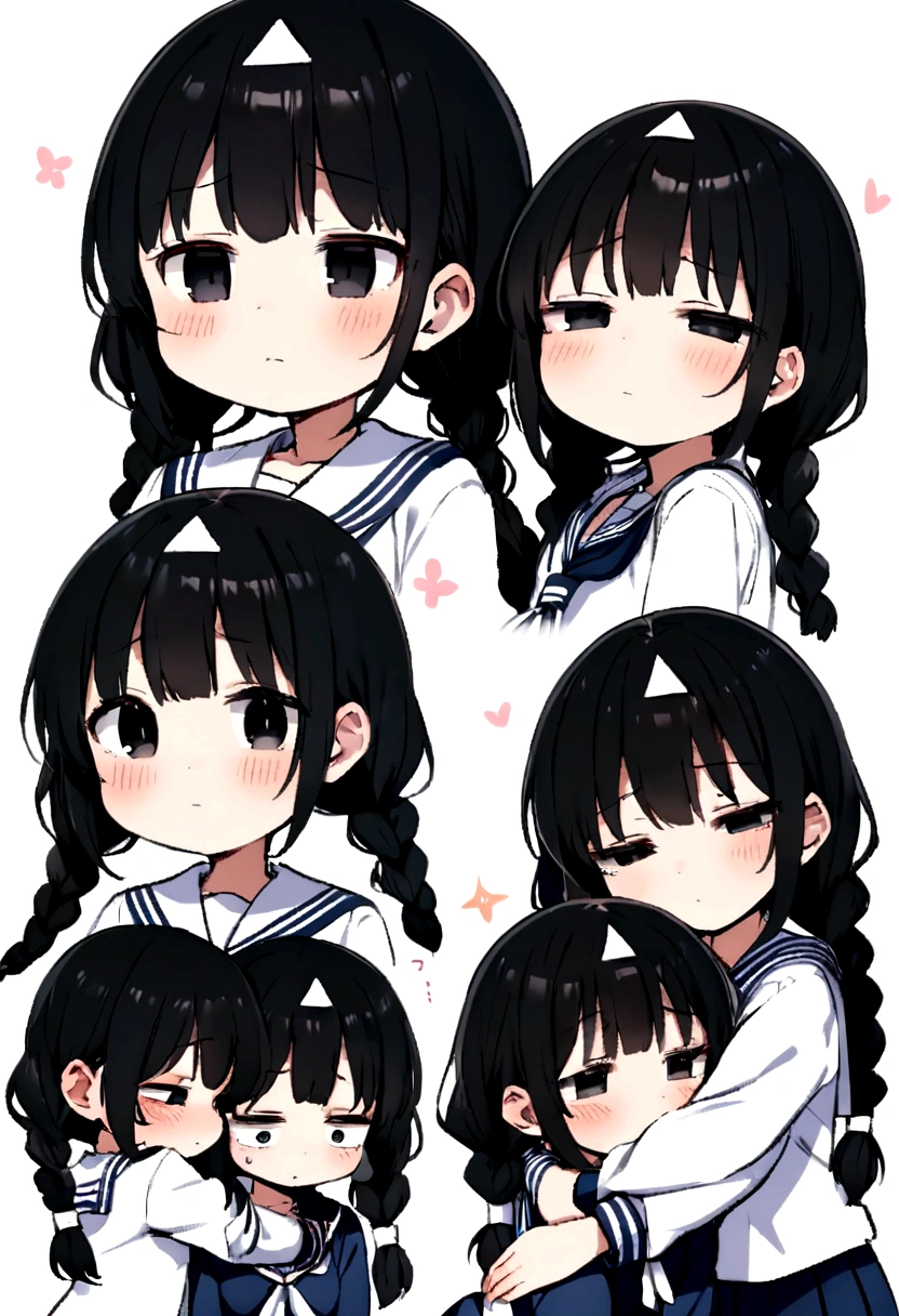 Long black hair, two braids, sailor suit, jittery eyes, loli, short, cute, , half eyes, jittery eyes, white triangle on head, black eyes, holding a knife, expressionless,Half eyes, hugs.