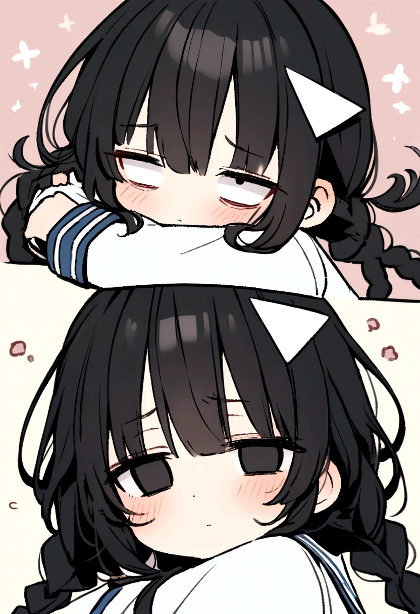 Long black hair, two braids, sailor suit, jittery eyes, loli, short, cute, , half eyes, jittery eyes, white triangle on head, black eyes, holding a knife, expressionless,Half eyes, hugs.