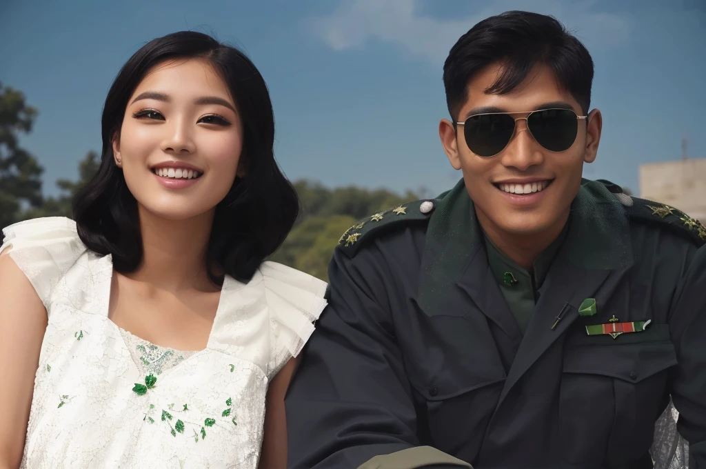 a man wearing green army uniform with a beautiful woman