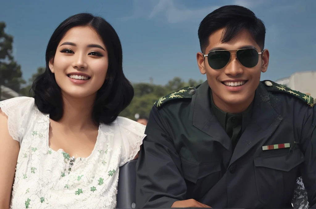 a man wearing green army uniform with a beautiful woman
