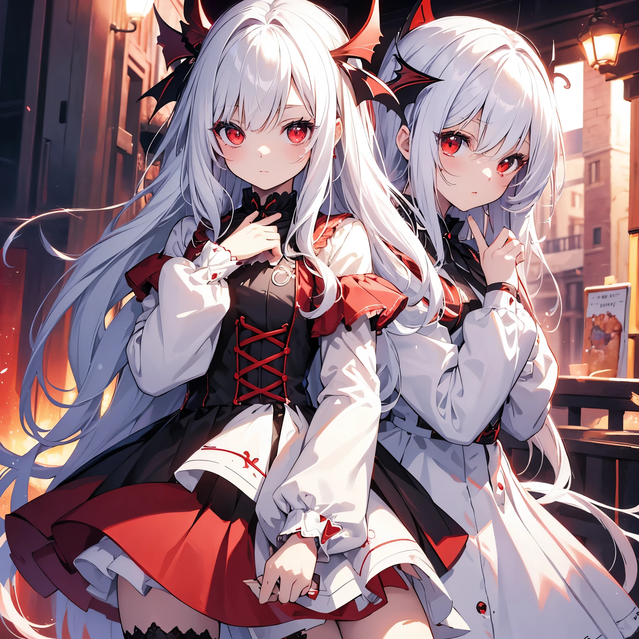 beautiful illustration, best quality, cute petit girl, (transform sequence), transform vampire girl, chibi, black and red magical girl, fractal art, vampire, babyface, long pure white and white mesh hair, beautiful detailed red eyes, cinematic lighting, cowboy shot, looking at viewer, from bottom, happy