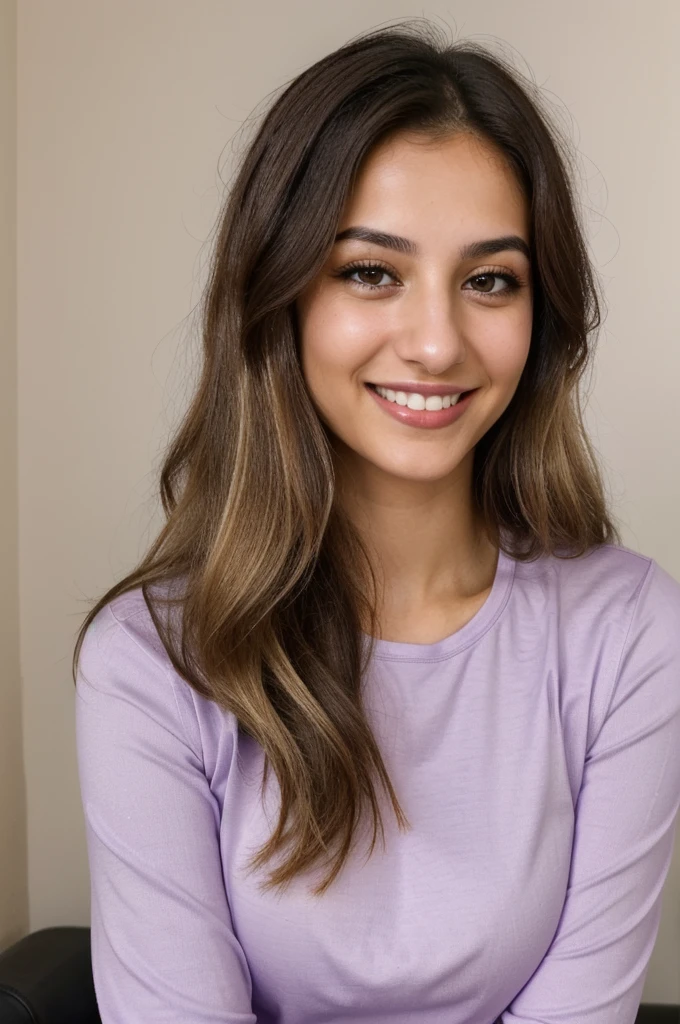 24YO,one attractive Jordanian women, purple shirt, cute smile, cute face, white teethes, skinny face, light brown eyes, small nose, black/blonde long hair