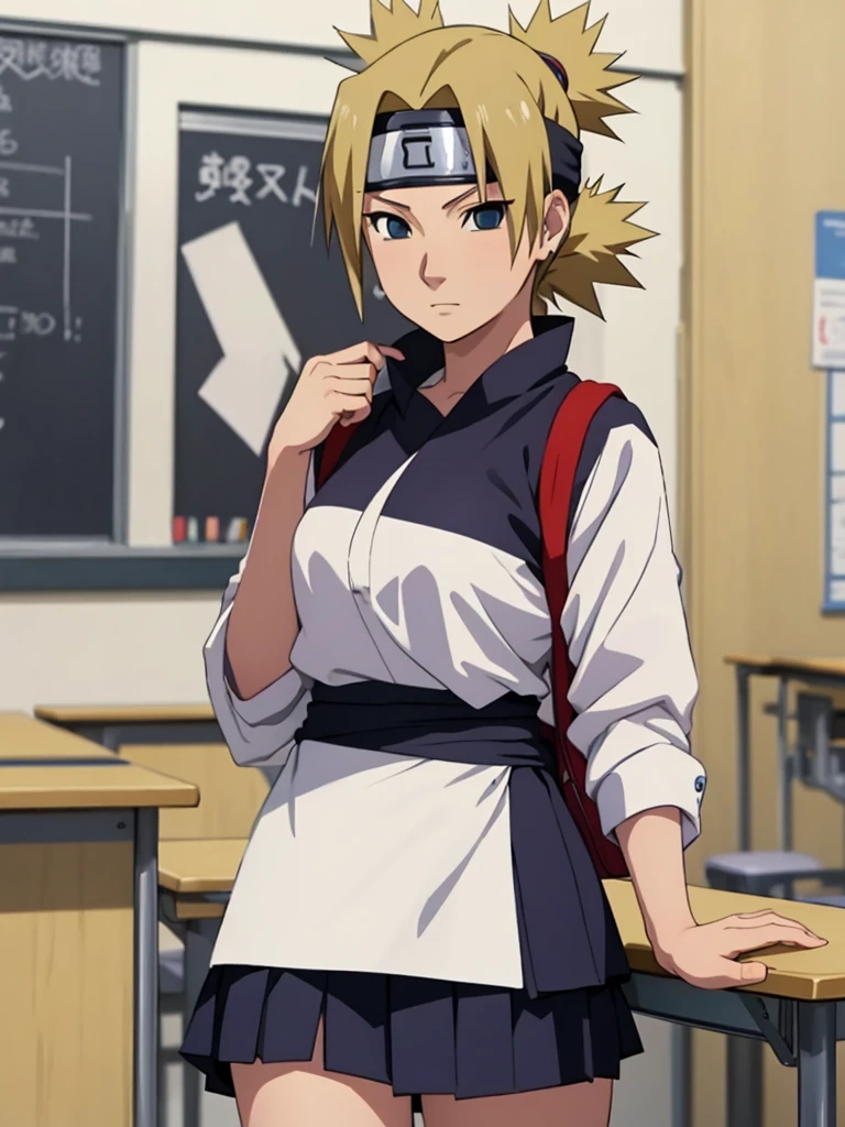 Temari from naruto, 1women, as a highschool girl, wearing Japanese highschool uniform with white shirt and blue colour skirt, at a classroom, yellow colour short hair, 8k, high detailed, high quality
