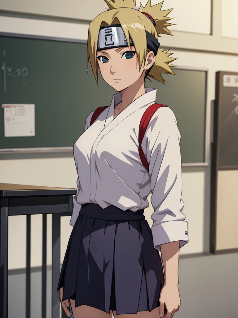 Temari from naruto, 1women, as a highschool girl, wearing Japanese highschool uniform with white shirt and blue colour skirt, at a classroom, yellow colour short hair, 8k, high detailed, high quality
