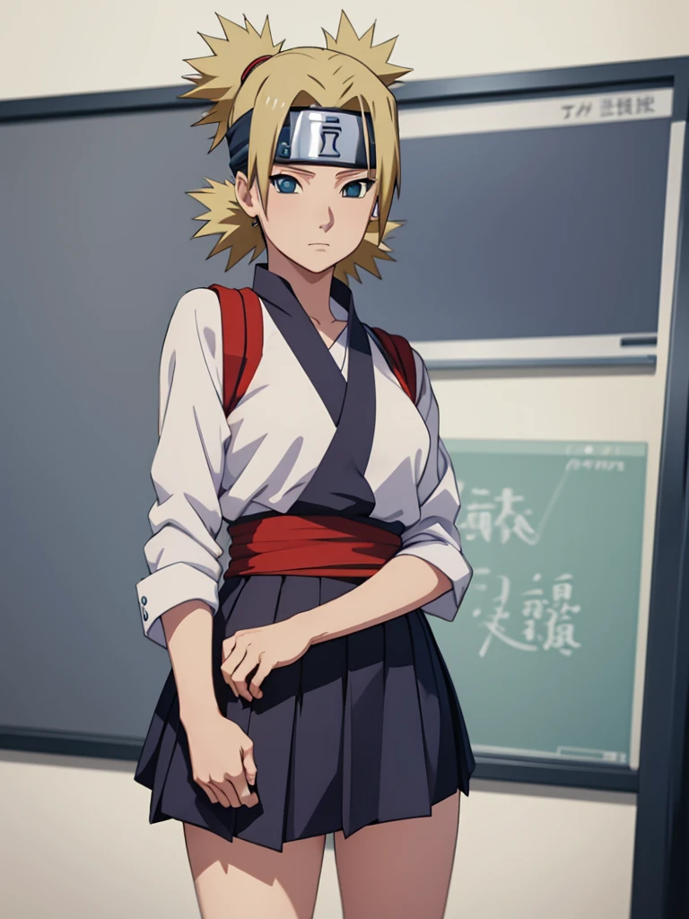 Temari from naruto, 1women, as a highschool girl, wearing Japanese highschool uniform with white shirt and blue colour skirt, at a classroom, yellow colour short hair, 8k, high detailed, high quality
