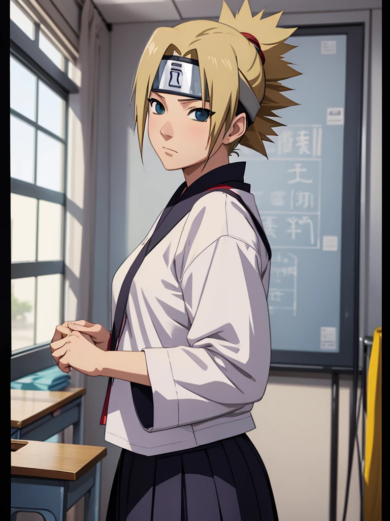 Temari from naruto, 1women, as a highschool girl, wearing Japanese highschool uniform with white shirt and blue colour skirt, at a classroom, yellow colour short hair, 8k, high detailed, high quality
