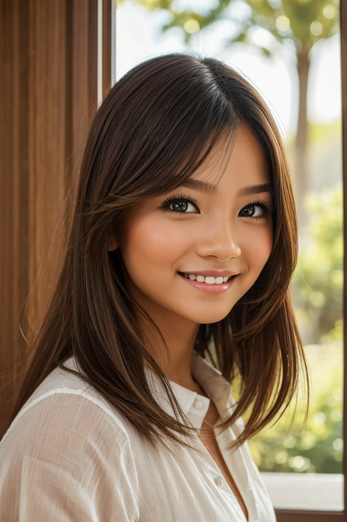 Linda garota de 21 anos, olhos cativantes, seios pequenos , pequeno e esguio, 8K, maximum quality, (very detailed head: 1.0), (Rosto muito detalhado: 1.0), (cabelo muito detalhado: 1.0), Roupas de estilo colegial oriental, arte oficial muito detalhada, estilo de arte oriental, arte limpa e detalhada, Sorriso, cabelos pretos, cabelos longos e lisos,om um sorrizo profundo e encantador, They are windows to a soul that reflects kindness, intelligence and a touch of playful curiosity. Framing her face is a cascade of brown waves that dance in the sunlight., casting a soft, natural glow. Your features are gracefully balanced 