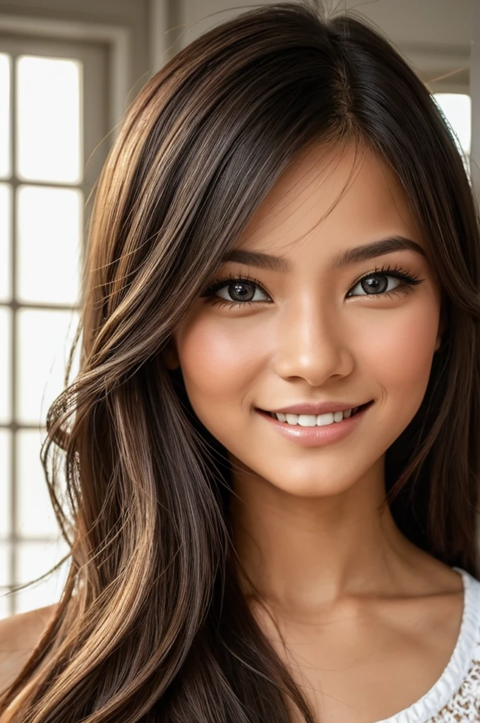 Linda garota de 21 anos, olhos cativantes, seios pequenos , pequeno e esguio, 8K, maximum quality, (very detailed head: 1.0), (Rosto muito detalhado: 1.0), (cabelo muito detalhado: 1.0), Roupas de estilo colegial oriental, arte oficial muito detalhada, estilo de arte oriental, arte limpa e detalhada, Sorriso, cabelos pretos, cabelos longos e lisos,om um sorrizo profundo e encantador, They are windows to a soul that reflects kindness, intelligence and a touch of playful curiosity. Framing her face is a cascade of brown waves that dance in the sunlight., casting a soft, natural glow. Your features are gracefully balanced 