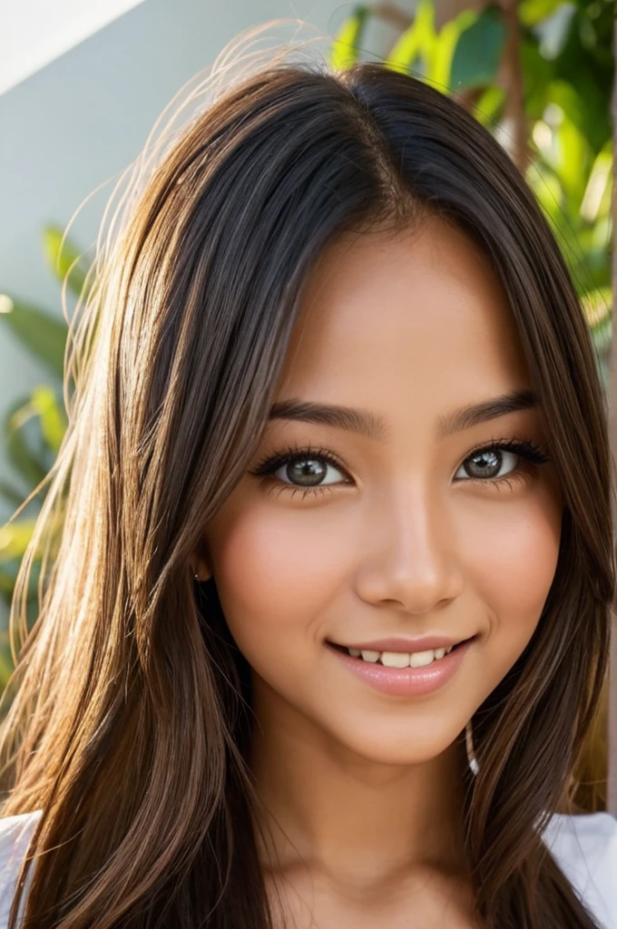 Linda garota de 21 anos, olhos cativantes, seios pequenos , pequeno e esguio, 8K, maximum quality, (very detailed head: 1.0), (Rosto muito detalhado: 1.0), (cabelo muito detalhado: 1.0), Roupas de estilo colegial oriental, arte oficial muito detalhada, estilo de arte oriental, arte limpa e detalhada, Sorriso, cabelos pretos, cabelos longos e lisos,om um sorrizo profundo e encantador, They are windows to a soul that reflects kindness, intelligence and a touch of playful curiosity. Framing her face is a cascade of brown waves that dance in the sunlight., casting a soft, natural glow. Your features are gracefully balanced