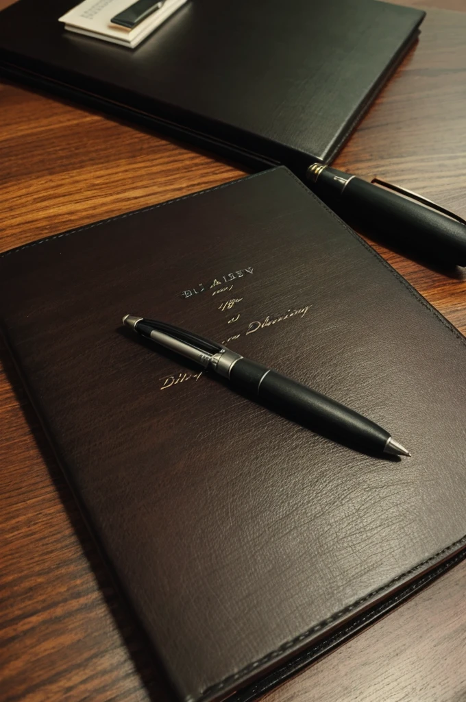 A black diary on dark brown wooden desk with two pens messy, slightly blured, really natural, local, hd, poor quality.