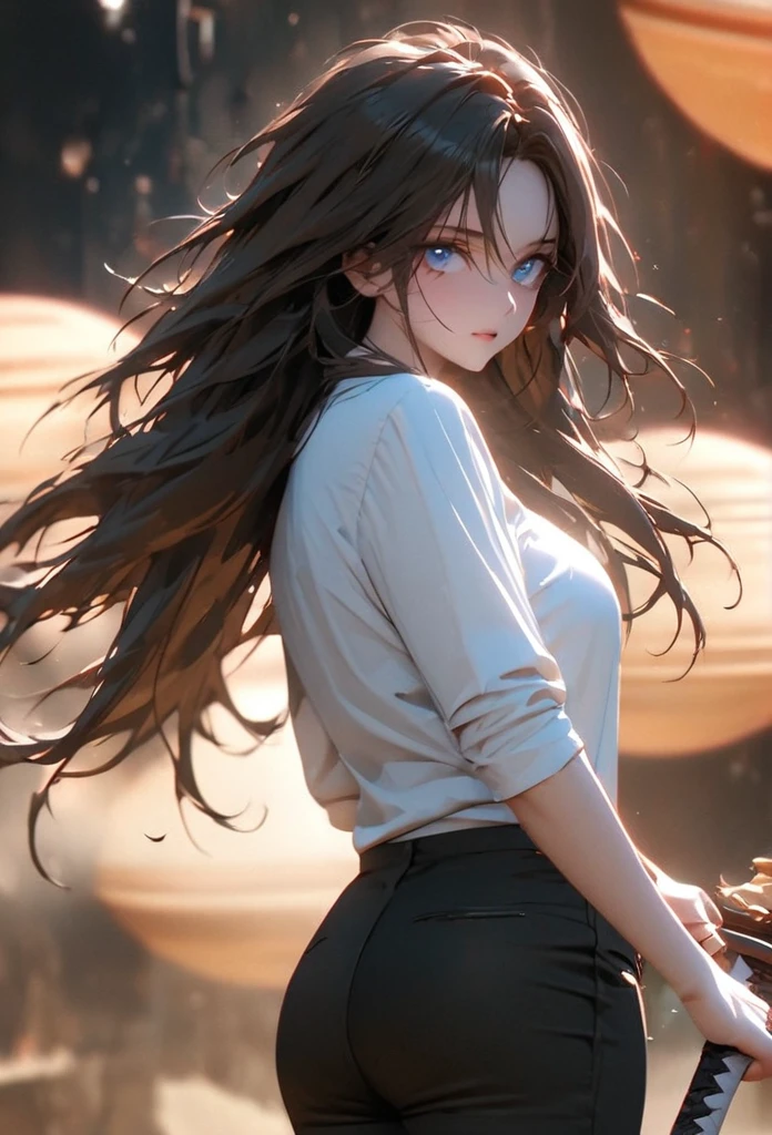 (solo), older looking woman, black hair, messy hair, mane hair, long hair, dense hair, wild hair, expressive hair, mature,(25 year old), pale skin, blue eyes, ((woman)), beautiful girl, cheeky, wearing a white shirt, with rolled up sleeves, open shirt, large breast, medium ass, black pants, sword, beautiful, giant smile, crazy, attractive, eye reflection, depth of field, thunder aura, cinematic lighting, ray tracing, depth of field, cinematic lighting, ray tracing, UHD, high details, best quality, highres, high quality, award winning, super detail, masterpiece, 8k, UHD, high details, best quality, highres, high quality, award winning, super detail, masterpiece, 8k, digital art, anime coloring, body shot, good face, perfect face, detailed face, good eyes. in Space, stars and planets background