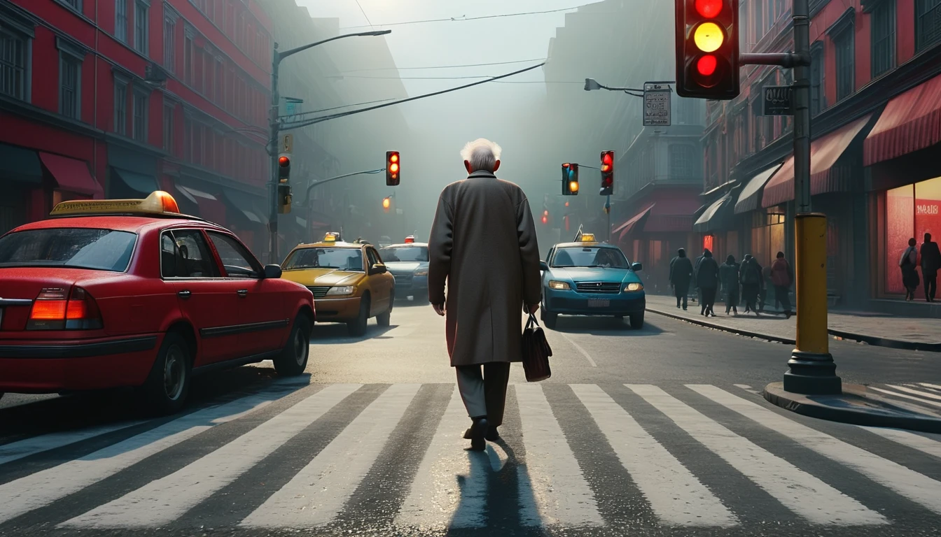 a old man walking on zebra crossings, detailed realistic urban street, many cars stopped because of red light, cinematic, hyperrealistic, 8k, ultra-detailed, (realistic:1.37), (photorealistic:1.37), dramatic lighting, vibrant colors, volumetric fog, cinematic camera angle, detailed asphalt road, detailed buildings, detailed traffic lights, detailed car models